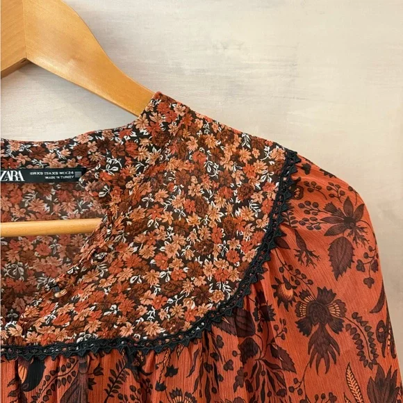 Zara Rust Floral Long Sleeve Dress - Picture 3 of 5